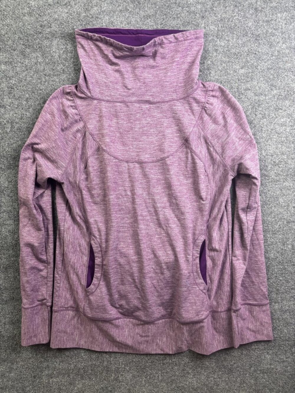 PrAna Sweatshirt Womens XL‎ Purple Cowl Neck Pullover Pockets Raglan Reflective